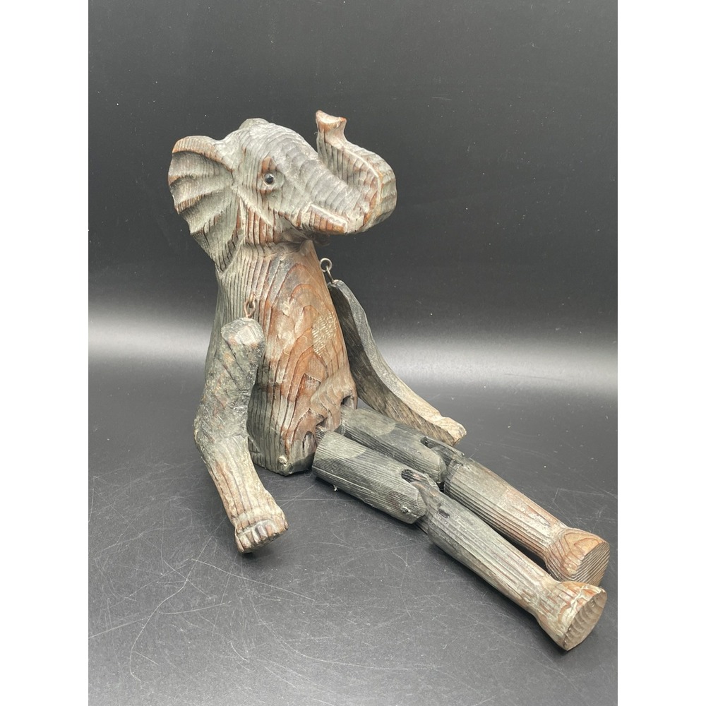 Rare‎ Vtg. Hand Carved, Hand Painted Elephant Jointed 10" Shelf Sitter